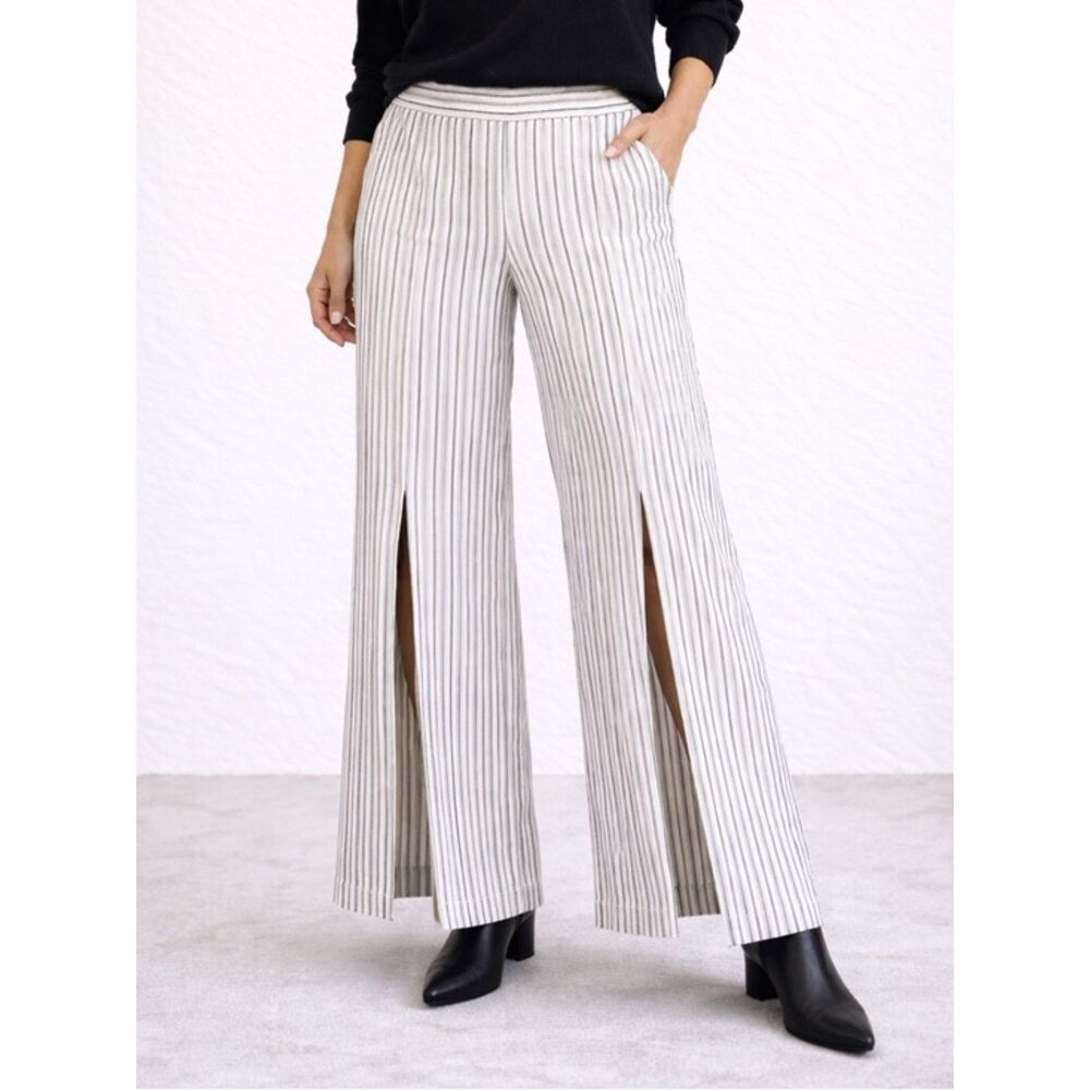 Worth New York High Rise Wide Split Leg Trousers Ivory Black Gray Stripe Size 12